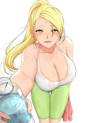 Rule 34 | 1girl, absurdres, blonde hair, bottle, breasts, cleavage, drink, highres, holding, holding bottle, jogging, large breasts, leaning forward, looking at viewer, messy hair, mole, mole under eye, open mouth, orange eyes, original, outstretched arm, ponytail, reaching, reaching towards viewer, shirouma20, simple background, smile, sweat, swept bangs, tank top, towel, white background, white tank top