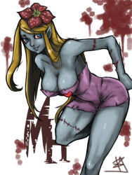 Rule 34 | blonde hair, blue eyes, breasts, cleavage, flower, monster girl, original, pointy ears, scar, stitches, zaebos, zombie