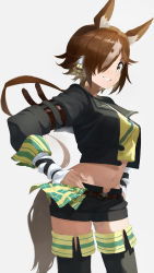 Rule 34 | 1girl, :d, absurdres, alternate breast size, animal ears, belt, black footwear, black jacket, black shorts, boots, breasts, brown hair, chiisamekai, grey background, grin, hair over one eye, hand on own hip, highres, horse ears, horse girl, horse tail, jacket, large breasts, long hair, long sleeves, looking at viewer, navel, open mouth, ponytail, shorts, simple background, smile, solo, tail, teeth, thigh boots, umamusume, vodka (umamusume)