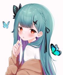 Rule 34 | 1girl, absurdres, black ribbon, blunt bangs, blush, bug, butterfly, butterfly hair ornament, cardigan, female focus, from behind, green hair, hair ornament, hair ribbon, highres, hololive, insect, long hair, long sleeves, looking at viewer, looking back, maru ccy, off shoulder, parted lips, red eyes, ribbon, simple background, solo, upper body, uruha rushia, uruha rushia (school uniform), virtual youtuber, white background