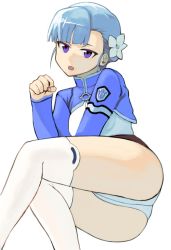 Rule 34 | 10s, 1girl, ass, bad id, bad pixiv id, blue hair, fin e ld si laffinty, flower, hair flower, hair ornament, highres, mitsuya (okiagari), open mouth, paw pose, purple eyes, rinne no lagrange, short hair, simple background, sitting, solo, thighhighs, white thighhighs