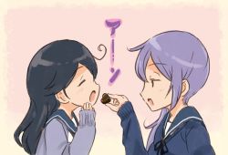 Rule 34 | 10s, 2girls, ahoge, akebono (kancolle), black hair, candy, chocolate, chocolate heart, closed eyes, commentary request, feeding, food, hands on own cheeks, hands on own face, heart, kantai collection, long hair, multiple girls, open mouth, purple hair, saiguchi otoufu, school uniform, serafuku, side ponytail, sleeves past wrists, sweater, translation request, ushio (kancolle), valentine
