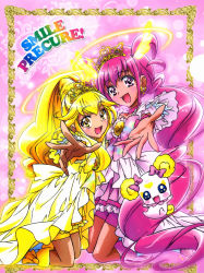 Rule 34 | 10s, 2girls, absurdres, blonde hair, boots, bow, candy (smile precure!), copyright name, cure happy, cure happy (princess form), cure peace, cure peace (princess form), hair flaps, highres, hoshizora miyuki, kawamura toshie, kise yayoi, kneeling, legs, long hair, multiple girls, non-web source, official art, open mouth, outstretched arms, pink bow, pink eyes, pink hair, pink shorts, pink skirt, ponytail, precure, princess form (smile precure!), rainbow text, shorts, shorts under skirt, skirt, smile precure!, yellow bow, yellow eyes, yellow shorts, yellow skirt