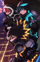 Rule 34 | 3boys, :/, aircraft, alternate eye color, aqua eyes, aqua hair, arm on knee, badge, bakugou katsuki, belt, belt pouch, black belt, black bodysuit, black gloves, black mask, black pants, blonde hair, blue gloves, bodysuit, boku no hero academia, buckle, burn scar, chiyaya, city lights, clenched hand, clothing request, container, covered mouth, elbow pads, evening, eye mask, eyebrows hidden by hair, fingerless gloves, freckles, from side, gloves, glowing, glowing bodysuit, glowing clothes, gradient sky, grey eyes, hair between eyes, hand up, heterochromia, high collar, highres, hood, hood up, hooded bodysuit, knee pads, leaning forward, light, light rays, long sleeves, looking afar, looking ahead, looking at viewer, male focus, midoriya izuku, multicolored hair, multiple boys, neon trim, official alternate costume, orange eyes, orange gloves, outdoors, outstretched arm, pants, parted lips, pink clouds, pouch, profile, purple sky, red hair, scar, scar on face, short hair, sideways glance, sideways mouth, sky, snap-fit buckle, spiked hair, split-color hair, squatting, straight hair, thigh pouch, thigh strap, todoroki shouto, two-tone hair, urban, utility belt, v-shaped eyebrows, white hair
