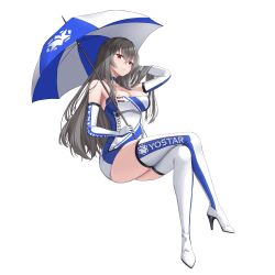 Rule 34 | 1girl, alternate costume, arm up, azur lane, bare shoulders, blue choker, blue dress, blue footwear, blue gloves, blue umbrella, boots, breasts, character name, choker, cleavage, closed mouth, clothes writing, collarbone, crossed legs, dress, elbow gloves, full body, gloves, grey hair, hair between eyes, hand in own hair, high heel boots, high heels, highres, holding, holding umbrella, invisible chair, large breasts, levy (comradlevy), logo, long hair, looking at viewer, microdress, multicolored clothes, race queen, red eyes, saint-louis (azur lane), simple background, sitting, sleeveless, sleeveless dress, solo, strapless, strapless dress, thigh boots, thighhighs, transparent background, two-tone dress, umbrella, white dress, white footwear, white gloves, white umbrella, zettai ryouiki