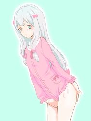 Rule 34 | 10s, 1girl, blue background, blue eyes, calyx, covering privates, covering ass, covering crotch, eromanga sensei, highres, izumi sagiri, leaning forward, legs, long hair, no pants, pajamas, panties, pink shirt, shirt, side-tie panties, silver hair, simple background, sketch, solo, thighs, underwear