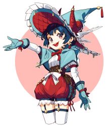 Rule 34 | 1girl, aqua gloves, aqua hat, bird, blue hair, blush, bow, cowboy shot, cropped legs, gloves, hat, highres, long sleeves, looking at viewer, medium hair, open mouth, original, outline, puffy shorts, red shorts, rinotuna, shirt, shorts, smile, solo, thighhighs, white bird, white bow, white outline, white shirt, white thighhighs, witch hat