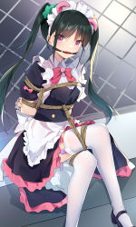 Rule 34 | 1girl, akiba maid sensou, apron, arms behind back, back bow, ball gag, bdsm, black dress, black footwear, blush, bondage, bound, bound arms, bound legs, bow, bowtie, breasts, chain-link fence, controller, crossed legs, dress, female focus, fence, frilled apron, frilled dress, frills, gag, gagged, green hair, hair ornament, highres, kaga mi, long hair, looking at viewer, maid, maid headdress, open mouth, outdoors, pink eyes, puffy short sleeves, puffy sleeves, raised eyebrows, red bow, red bowtie, remote control, remote control vibrator, rope, sex toy, shiny clothes, shoes, short dress, short sleeves, sidelocks, sitting, small breasts, solo, thighhighs, twintails, vibrator, vibrator cord, vibrator in thighhighs, vibrator under clothes, waist apron, white apron, white bow, white thighhighs, yumechi (akiba maid sensou)
