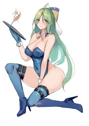 Rule 34 | 1girl, between legs, blue footwear, blue gloves, blue leotard, blue thighhighs, blush, boots, bow, bowtie, breasts, cleavage, collarbone, commentary request, covered erect nipples, covered navel, detached collar, eyes visible through hair, full body, gloves, green eyes, green hair, half-closed eyes, hand between legs, hat, high heel boots, high heels, highleg, highleg leotard, holding, holding tray, kuroko tori, large breasts, leotard, long hair, looking at viewer, mima (touhou), orange bow, orange bowtie, parted bangs, simple background, sitting, solo, strapless, strapless leotard, teeth, thigh boots, thigh strap, thighhighs, touhou, touhou (pc-98), tray, very long hair, white background, wizard hat, wrist cuffs