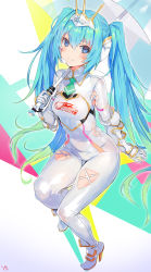 Rule 34 | 1girl, absurdres, adapted costume, aqua eyes, aqua hair, arm at side, blush, bodysuit, boots, breasts, closed mouth, clothes writing, commentary request, crown, from above, full body, gauntlets, gloves, goodsmile company, goodsmile racing, gradient hair, green hair, green necktie, hatsune miku, headset, high heels, highres, holding, holding umbrella, long hair, looking at viewer, looking up, medium breasts, multicolored hair, necktie, race queen, racing miku, racing miku (2015), short necktie, sitting, smile, solo, tiara, turtleneck, twintails, umbrella, very long hair, vocaloid, white footwear, white gloves, yd (orange maru)