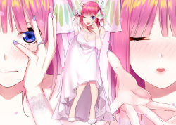Rule 34 | 1girl, :p, akanbe, bare shoulders, blush, breasts, butterfly hair ornament, cleavage, closed eyes, collarbone, commentary request, detached sleeves, dress, embarrassed, eyelid pull, finger to eye, fingernails, go-toubun no hanayome, hair ornament, hair ribbon, hand on own face, hand on own hip, highres, incoming kiss, jewelry, kosmos beta, large breasts, leaning forward, lipstick, long fingernails, looking at viewer, makeup, multiple views, nail polish, nakano nino, one eye closed, ornate ring, outstretched hand, petals, pink hair, pink lips, purple nails, ribbon, ring, see-through, shoes, short hair, tongue, tongue out, wedding dress, wedding ring, white dress, white footwear, white ribbon