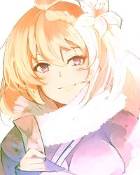 Rule 34 | 1girl, blonde hair, feather boa, flower, granblue fantasy, hair between eyes, hair flower, hair ornament, highres, japanese clothes, jeanne d&#039;arc (granblue fantasy), kimono, looking at viewer, purple eyes, simple background, smile, solo, tiaki208, white background