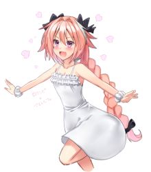 Rule 34 | 1boy, :d, androgynous, astolfo (fate), black bow, blush, bow, braid, braided ponytail, breasts, cleavage, collarbone, dress, fate/apocrypha, fate (series), hair between eyes, hair bow, heart, ittokyu, long hair, male focus, multicolored hair, open mouth, outstretched arms, pink hair, purple eyes, scrunchie, short dress, single braid, sleeveless, sleeveless dress, small breasts, smile, solo, streaked hair, sundress, trap, very long hair, white dress, white scrunchie, wrist scrunchie