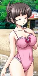 Rule 34 | 1girl, aojiru, beach, black hair, blunt bangs, breasts, closed eyes, collarbone, day, folded ponytail, frills, game cg, in&#039;youchuu, in&#039;youchuu shoku, kayama sui, large breasts, lowres, navel, non-web source, one-piece swimsuit, open mouth, solo, swimsuit, tachi-e