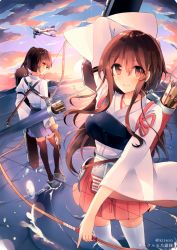 Rule 34 | 2girls, aircraft, airplane, akagi (kancolle), archery, arm up, arrow (projectile), backlighting, bad perspective, black legwear, blush, bow (weapon), brown eyes, brown hair, closed mouth, cloud, cloudy sky, commentary request, flight deck, gloves, hakama, hakama short skirt, hakama skirt, japanese clothes, kaga (kancolle), kantai collection, kirero, kyuudou, long hair, long sleeves, looking at viewer, multiple girls, muneate, ocean, partially fingerless gloves, partly fingerless gloves, quiver, side ponytail, sidelocks, skirt, sky, smile, standing, standing on liquid, sunset, tasuki, thighhighs, twitter username, weapon, white legwear, wide sleeves, yugake