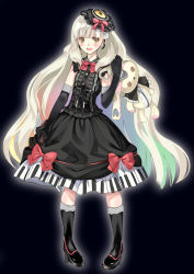 Rule 34 | 1girl, black background, black dress, blunt bangs, boots, bow, dress, earrings, elbow gloves, gloves, gothic lolita, gradient hair, high heels, highres, jewelry, liv, lolita fashion, long hair, mayu (vocaloid), multicolored hair, shoes, simple background, sleeveless, sleeveless dress, smile, solo, standing, stuffed animal, stuffed rabbit, stuffed toy, usano mimi, vocaloid, white hair, yellow eyes, zipper