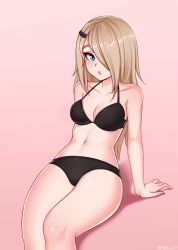 Rule 34 | 1girl, :o, arm support, artist name, bad id, bad pixiv id, bare arms, bare shoulders, black bra, black panties, blonde hair, blue eyes, borrowed character, bra, breasts, cleavage, collarbone, commentary, commission, hair ornament, hair over one eye, hairclip, highres, leaning back, long hair, looking at viewer, medium breasts, navel, open mouth, original, panties, pink background, shellvi, sitting, solo, underwear, underwear only