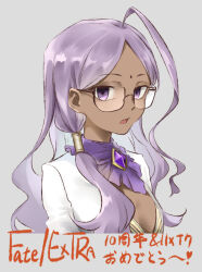 Rule 34 | 1girl, absurdres, ahoge, ascot, breasts, brooch, cleavage cutout, clothing cutout, coffeekite, dark-skinned female, dark skin, facial mark, fate/extra, fate (series), forehead, forehead mark, glasses, highres, jacket, jewelry, long hair, long sleeves, looking at viewer, open mouth, parted bangs, purple eyes, purple hair, rani viii, small breasts, solo, white jacket