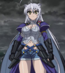 Rule 34 | 10s, 1girl, animal ears, braid, cape, cat ears, cat tail, dog days, gauntlets, highleg, highleg panties, highres, leonmitchelli galette des rois, long hair, panties, screencap, shorts, silver hair, solo, tail, underwear, yellow eyes