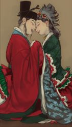 Rule 34 | 1boy, 1girl, beard, black hair, earrings, eye contact, face-to-face, facial hair, from side, gongmin of goryeo, hat, highres, history, holding hands, jewelry, korean clothes, lipstick, long sleeves, looking at another, makeup, mossacannibalis, mustache, original, parted lips, red lips, smile
