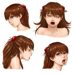 Rule 34 | 1girl, blue eyes, blush, brown hair, closed eyes, cum, cum in mouth, cum on tongue, expressions, lips, long hair, neon genesis evangelion, open mouth, red hair, renko (gayosiz), simple background, solo, souryuu asuka langley, tears, teeth, tongue, white background