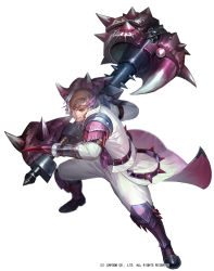 Rule 34 | 1boy, armor, boots, brown hair, coat, fighting stance, full body, grin, headband, holding, holding weapon, huge weapon, legs apart, liduke, looking at viewer, mace, male focus, monster hunter (series), official art, pants, red eyes, shoulder armor, simple background, smile, solo, pauldrons, vambraces, watermark, weapon, white background, white coat, white pants