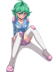 Rule 34 | &gt;:(, 1girl, ahoge, arm support, bad id, bad pixiv id, blush, breasts, brown eyes, choker, cleavage, collarbone, earrings, frown, green hair, jewelry, jumpsuit, knees up, looking at viewer, nanashi maru, rin (yu-gi-oh!), short hair, shorts, sitting, solo, thighhighs, v-shaped eyebrows, white background, white thighhighs, yu-gi-oh!, yu-gi-oh! arc-v