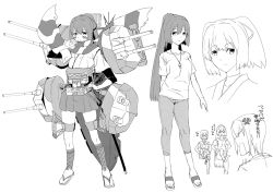 Rule 34 | 10s, 3girls, alternate costume, anger vein, camouflage, casual, character sheet, facepaint, greyscale, hyuuga (jmsdf), hyuuga (kancolle), ise (kancolle), japanese clothes, kantai collection, monochrome, multiple girls, ponytail, short hair, translation request, uemukai dai, white background