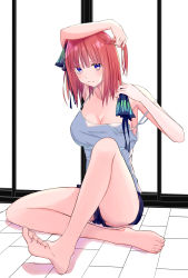 Rule 34 | 1girl, animal print, arm up, bare shoulders, barefoot, blue eyes, breasts, butterfly print, cleavage, collarbone, expressionless, feet, full body, go-toubun no hanayome, hair ribbon, highres, holding, holding own hair, kashumashux51, knee up, large breasts, legs, looking at viewer, medium hair, nakano nino, pink hair, ribbon, short shorts, shorts, sitting, spaghetti strap, strap gap, strap slip, tank top, thighs, tying hair