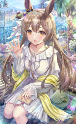 Rule 34 | 1girl, :d, bag, bench, black socks, blush, book, braid, breasts, brown eyes, collarbone, commentary request, day, dress, feet out of frame, flower, half updo, hand up, highres, holding, holding book, kneehighs, long hair, long sleeves, looking at viewer, medium breasts, nail polish, open mouth, palm tree, park, pink flower, pink nails, purple flower, ribbon, satono diamond (umamusume), shoulder bag, sitting, sleeves past wrists, smile, socks, solo, torino aqua, tree, umamusume, very long hair, water, waving, white dress, white flower, white ribbon, yellow flower