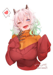 Rule 34 | 1girl, blue eyes, blush, breasts, brown gloves, gloves, gradient hair, green hair, heart, heterochromia, highres, horns, huge breasts, kanola u, layered clothes, long sleeves, looking at viewer, multicolored hair, off shoulder, open mouth, orange sweater, original, red sweater, ribbed sweater, short hair, simple background, smile, solo, spoken heart, sweater, turtleneck, turtleneck sweater, white background, white hair, yellow eyes