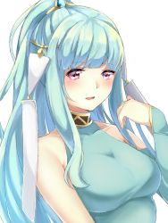 Rule 34 | 1girl, alternate hairstyle, aone hiiro, aqua hair, bare shoulders, blush, breasts, bridal gauntlets, collarbone, dress, fire emblem, fire emblem: the blazing blade, hair ornament, halterneck, looking at viewer, medium breasts, ninian, nintendo, open mouth, ponytail, red eyes, simple background, smile, solo, upper body, white background