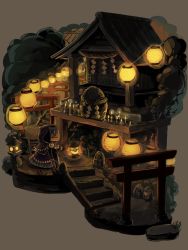 Rule 34 | candle, cloak, grey background, lantern, original, outdoors, paper lantern, rope, satuma s, scenery, shide, shimenawa, shrine, stairs, stone lantern, torii