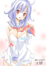 Rule 34 | 10s, 1girl, adapted costume, bare shoulders, breasts, cleavage, curvy, detached sleeves, dress, female focus, fujishima shinnosuke, gradient background, kantai collection, large breasts, long hair, looking at viewer, low twintails, necktie, open mouth, purple hair, red eyes, sailor collar, solo, taigei (kancolle), twintails, wide hips