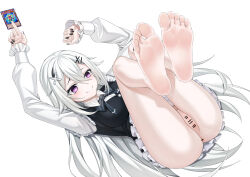 Rule 34 | 1girl, absurdres, barefoot, cleft of venus, feet, feet up, highres, light blush, long hair, lying, no panties, on back, original, parted lips, purple eyes, pussy, smile, soles, toes, white hair, xo (xo17800108), yu-gi-oh (card)