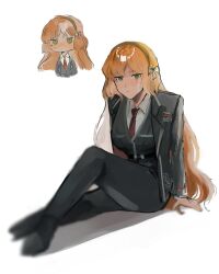 Rule 34 | 1girl, black coat, black pants, black vest, blush, breasts, closed mouth, coat, green eyes, highres, ishmael (project moon), large breasts, limbus company, long hair, long sleeves, looking at viewer, msx (mis4xi), multiple views, orange hair, pants, project moon, simple background, sitting, very long hair, vest, white background, wing collar