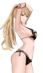 Rule 34 | 1girl, arms up, bikini, blonde hair, breasts, cleavage, crossover, grin, highres, kitagawa marin, long hair, mythra (xenoblade), pontytail, smile, sono bisque doll wa koi wo suru, swimsuit, thighs, xenoblade chronicles (series), xenoblade chronicles 2, yellow eyes