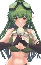 Rule 34 | 1girl, absurdres, arknights, bare shoulders, bikini, black gloves, breasts, cleavage, commentary, elbow gloves, fingerless gloves, gavial (arknights), gavial the invincible (arknights), gloves, goggles, goggles on head, green bikini, green hair, grin, highres, large breasts, long hair, looking at viewer, mask, mask around neck, material growth, navel, oripathy lesion (arknights), palm-fist greeting, pointy ears, radioneet, shoulder tattoo, simple background, smile, solo, stomach, swimsuit, tattoo, upper body, v-shaped eyebrows, very long hair, white background, yellow eyes