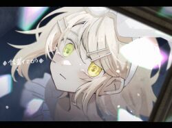Rule 34 | 1girl, alternate eye color, blonde hair, blurry, bow, close-up, closed mouth, collarbone, dress, flying teardrops, green eyes, hair bow, hair ornament, hairclip, heterochromia, kagamine rin, kaitou yellow (vocaloid), letterboxed, picture frame, short hair, solo, song name, strawberrya mg, tears, through medium, through painting, upper body, vocaloid, white bow, white dress, yellow eyes