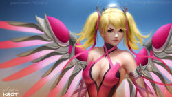 Rule 34 | 1girl, alternate hairstyle, artist name, bare shoulders, blonde hair, blue background, blue eyes, breasts, brown background, cleavage, criss-cross halter, dress, gloves, gradient background, hair ribbon, halo, halterneck, highres, large breasts, light smile, lips, looking at viewer, mechanical halo, mechanical wings, mercy (overwatch), nose, official alternate costume, overwatch, overwatch 1, pink dress, pink lips, pink mercy, pink ribbon, pink wings, ribbon, shurakrgt, signature, sleeveless, sleeveless dress, solo, twintails, upper body, watermark, web address, wings