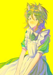 Rule 34 | 1boy, absurdres, alternate costume, animal ears, apron, chinese commentary, closed mouth, collared dress, commentary request, crossdressing, dress, enmaided, fangs, green dress, hair between eyes, highres, isoi reiji, kemonomimi mode, maid, maid apron, male focus, male maid, multicolored eyes, puffy short sleeves, puffy sleeves, saibou shinkyoku, sanpaku, short sleeves, simple background, solo, white apron, wolf boy, wolf ears, wuyusilemadinglin, yellow background