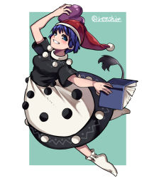 Rule 34 | 1girl, black capelet, black dress, blob, blue background, blue eyes, blue hair, book, border, capelet, commentary request, doremy sweet, dream soul, dress, full body, grin, hat, highres, holding, holding book, multicolored clothes, multicolored dress, nightcap, nightgown, one-hour drawing challenge, pom pom (clothes), red hat, renshirenji, short hair, signature, smile, socks, tail, tapir tail, touhou, white border, white dress, white socks
