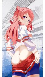 Rule 34 | 1girl, absurdres, ass, bike shorts, bike shorts pull, blush, breasts, clothes pull, from behind, furrowed brow, gakuen idolmaster, hanami saki, highres, idolmaster, indoors, long hair, long sleeves, looking at viewer, looking back, medium breasts, miraclemeteor, pink hair, red shorts, shirt, shorts, shorts pull, smile, solo, two side up, white shirt