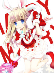 Rule 34 | 1girl, :3, animal ears, bare legs, blonde hair, blue eyes, bluehole studio, blush, boots, rabbit ears, capelet, christmas, drill hair, elin, emily (pure dream), hat, long hair, looking at viewer, merry christmas, mittens, santa costume, santa hat, smile, solo, tera online, wand