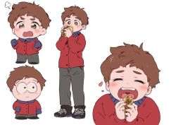 Rule 34 | 1boy, be (ronironibebe), blush, brown eyes, brown hair, chibi, clyde donovan, eating, closed eyes, food, heart, holding, holding food, jacket, open mouth, red jacket, short hair, smile, south park, taco