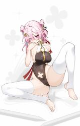 Rule 34 | 1girl, adapted costume, arm support, barefoot, black leotard, breasts, commentary request, hand up, highleg, highleg leotard, highres, honkai: star rail, honkai (series), inniyik, knee up, large breasts, leotard, looking to the side, march 7th (honkai: star rail), march 7th (hunt) (honkai: star rail), medium hair, official alternate hairstyle, pink eyes, pink hair, sideboob, sitting, skindentation, solo, spread legs, thighhighs, thighs, toeless legwear, white background, white thighhighs
