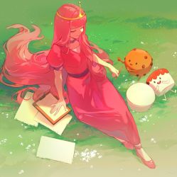 Rule 34 | 1girl, adventure time, blunt bangs, character request, choker, clipboard, closed eyes, colored skin, cookie, crown, dress, eden (eden871225), flats, food, from above, grass, highres, holding, holding pencil, long hair, marshmallow, outdoors, paper, pencil, pink hair, pink skin, princess bonnibel bubblegum, puffy short sleeves, puffy sleeves, short sleeves, sitting, smile, solo focus, tiara, very long hair