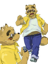 1boy animal_ears belly blue_pants blush brown_fur camera commentary_request fang fat furry furry_male glasses hectliter holding holding_camera kounosuke_kuri looking_at_viewer looking_to_the_side male_focus morenatsu open_mouth pants plump raccoon_boy raccoon_ears raccoon_tail running shirt smile tail tank_top white_background white_tank_top yellow_shirt