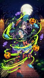 Rule 34 | 10s, 1girl, :d, aqua skirt, black gloves, black shirt, bracelet, breasts, brown eyes, candy, fingerless gloves, food, frilled skirt, frills, full moon, gloves, hair between eyes, halloween, halloween costume, highres, hiiragi shinoa, jack-o&#039;-lantern, jewelry, leg up, looking at viewer, looking back, miniskirt, moon, night, open mouth, outdoors, owari no seraph, pumpkin, shirt, skirt, sky, sleeveless, small breasts, smile, solo, standing, standing on one leg, star (sky), starry sky, striped clothes, striped thighhighs, thighhighs, tree
