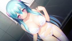 Rule 34 | 1girl, aqua hair, bare arms, bare shoulders, blue hair, blush, bow, bow panties, bra, breasts, cameltoe, cleavage, clenched hand, closed mouth, collarbone, cowboy shot, dutch angle, embarrassed, game cg, garter belt, garter straps, green hair, hair ornament, hougyou ilia, indoors, jewelry, large breasts, legs, light smile, long hair, looking at viewer, navel, nitroplus, oosaki shin&#039;ya, panties, parted bangs, pink eyes, polka dot, polka dot legwear, rainbow order, raised eyebrows, ring, sidelocks, smile, solo, standing, striped bra, striped clothes, striped panties, thigh gap, thighhighs, thighs, tile wall, tiles, tokyo necro, underwear, underwear only, very long hair, window blinds